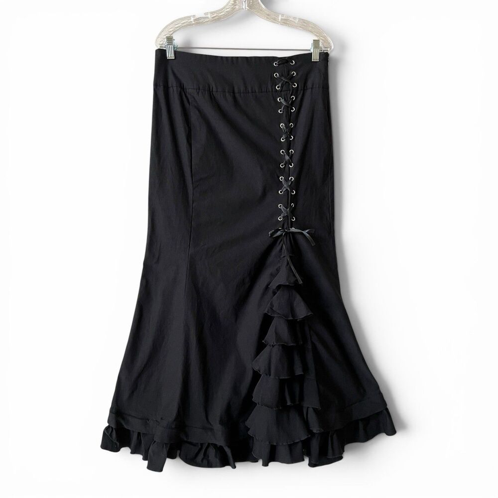 Belle Poque Lace Up Corset Ruffle Maxi Skirt XL Goth Cottage Victorian Black
